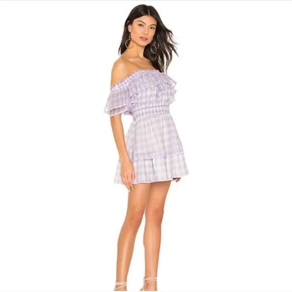 Majorelle $178 Purple gingham Off Shoulder Ruffle Mini Dress - Picture 2 of 6